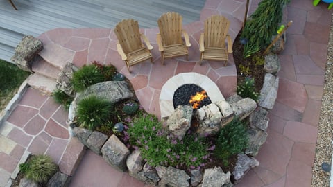 aerial of residential patio and fire pit