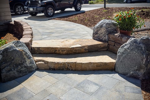 residential landscape design construction front of house paver walkway with steps